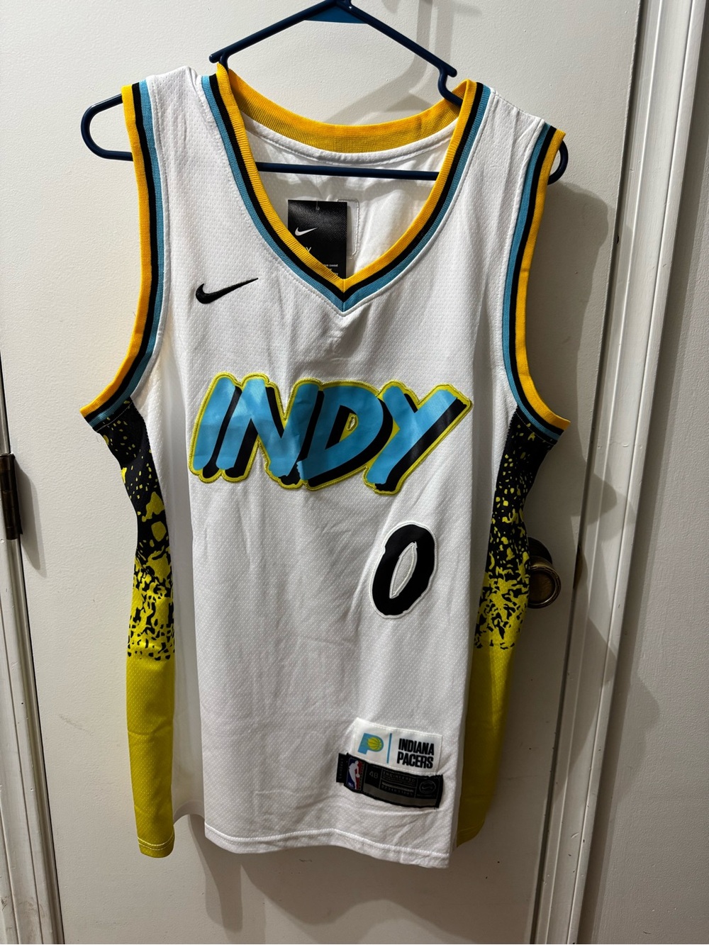 Nike White, Yellow & Light Blue INDY Basketball Jersey